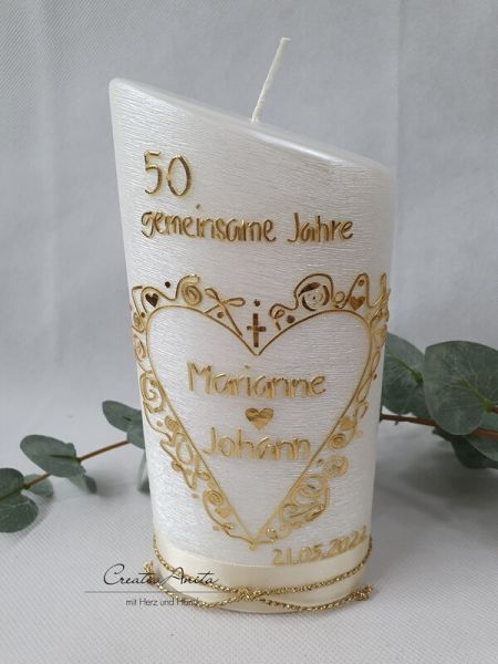 Kerze zur Goldenen Hochzeit - Jubiläumskerze 50jähriges - Kerze in Perlmutt geriffelt - Ellipse abgeschrägt GOLD